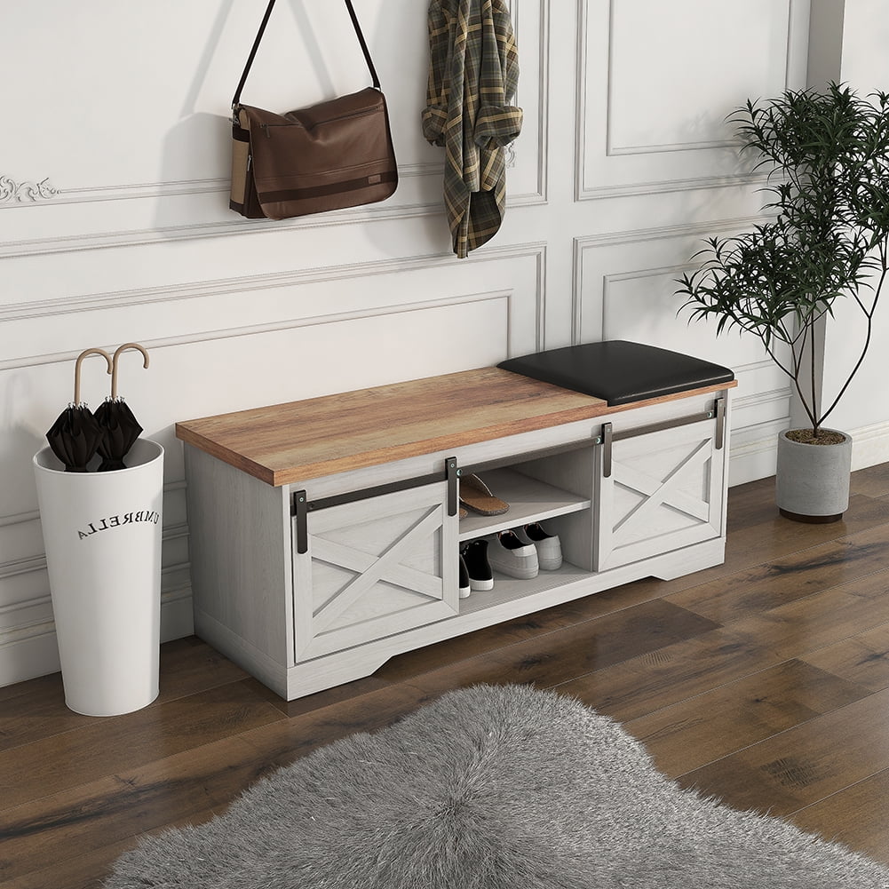 Kadyn 47 Inch Storage Bench, Modern Farmhouse Sliding X Barn Door Litterbox Bench with Entry Cutout and Adjustable Shelves, Shoe Bench for Entryway,White Kadyn 47 Inch Storage Bench, Modern Farmhouse Sliding X Barn Door Litterbox Bench with Entry Cutout and Adjustable Shelves, Shoe Bench for Entryway,White