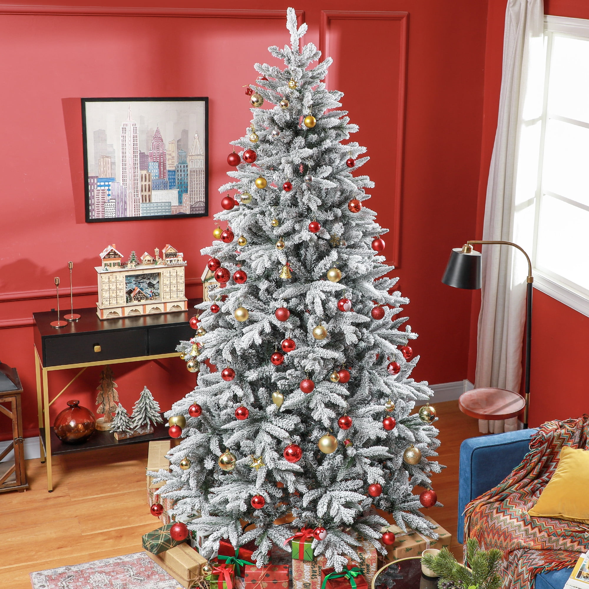 8ft Snow Flocked Full Christmas Tree 2003 Tips Quick Setup Flame Retardant Indoor Holiday Decor