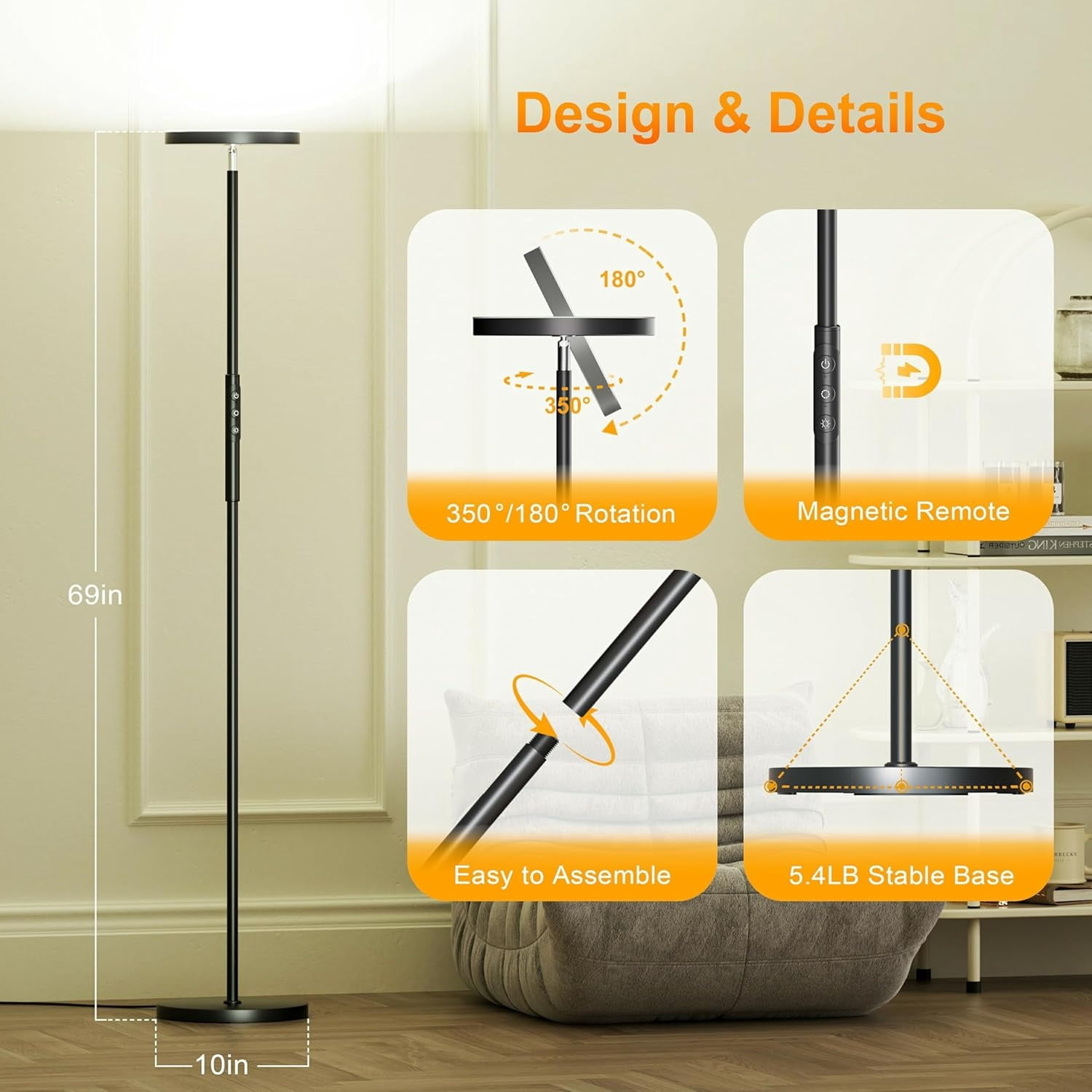RGB Floor Lamps for Living Room, 3600LM 36W Bright LED Standing Lamp with Remote, Modern Color Changing Tall Lamp with Stepless Dimming, 69" Corner Floor Lamp for Bedroom, Office