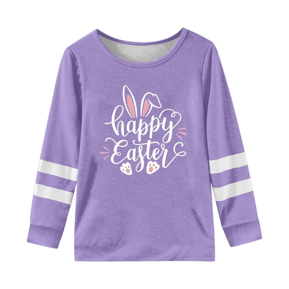 JAJAHO Happy Easter Shirts For Girls Long Sleeve Graphic Tee Striped Soft Casual Crew Neck Loose Fit Letter T Shirt For Kids 3-14 Years Festival Comfortable Tops