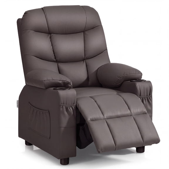 MULTIGOT Kids Youth Recliner Chair PU Leather w/Cup Holders & Side Pockets Brown
