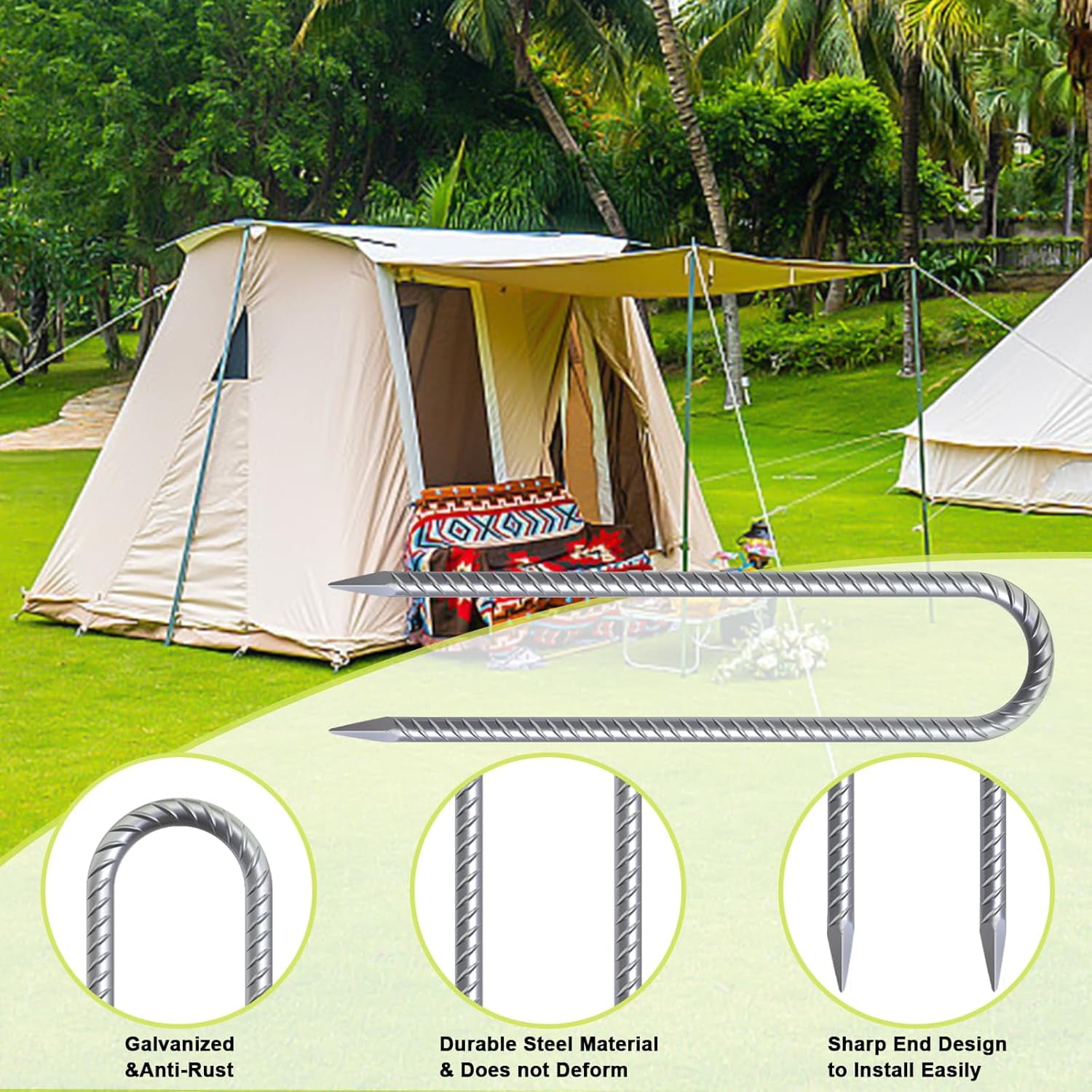 AAGUT 6 Pack 12 Inch Trampoline Stakes U Shaped Rebar Ground Anchors Heavy Duty High Winds Galvanized Steel Trampolines Accessories for Swing Set, Camping, Soccer Goal, Huge Garden Decoration