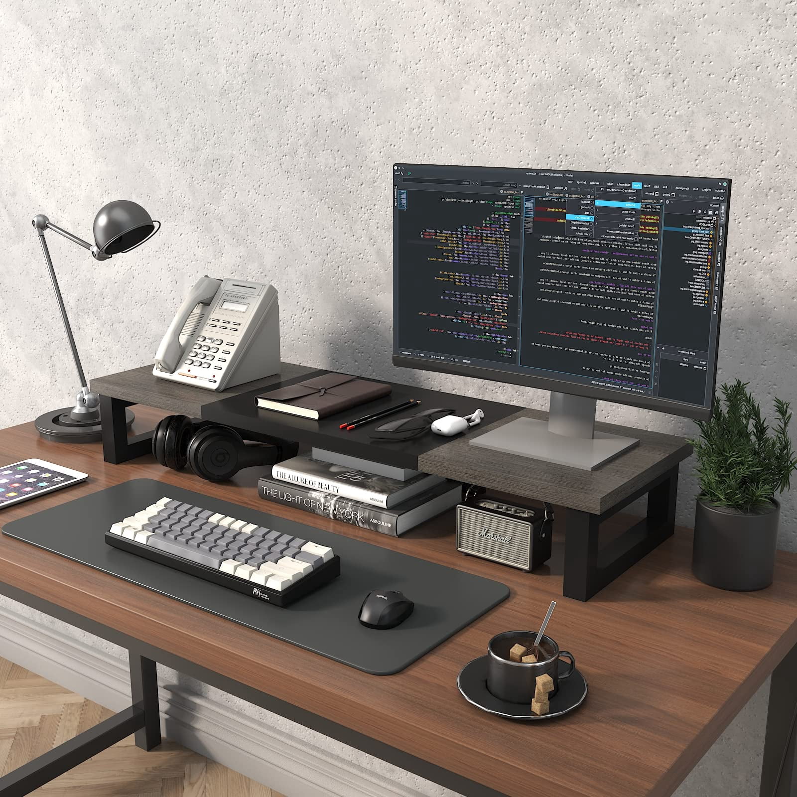 Dual Monitor Stand Riser  Wood And Steel Computer For 2 Monitors Multi-purpose Desktop Storage Laptop Printer Tv