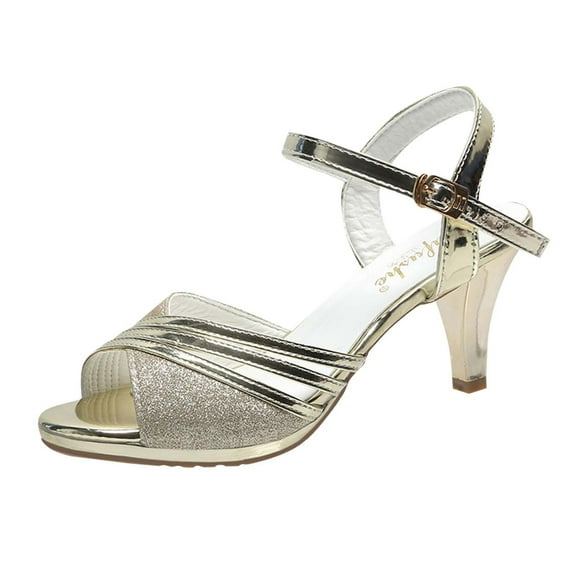 Gold Women'S Elegant Fish Mouth Design High Heel Sandals With Buckle Strap, Perfect For Evening Wear