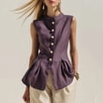 thumbnail image 5 of Vests for Women Stand Collar Waist Pleated Linen Blend Vest with Button Front Trendy Office Summer Waistcoat Purple XL, 5 of 8