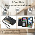 thumbnail image 6 of For iPhone 17 Leather Phone Case Wallet Zipper Pocket Pouch Folio Flip Cover Kickstand, Multi Anti-theft Card Holder Cash Slot, Double Magnetic Buckle, Wrist Lanyard,Black,For iPhone 17, 6 of 11