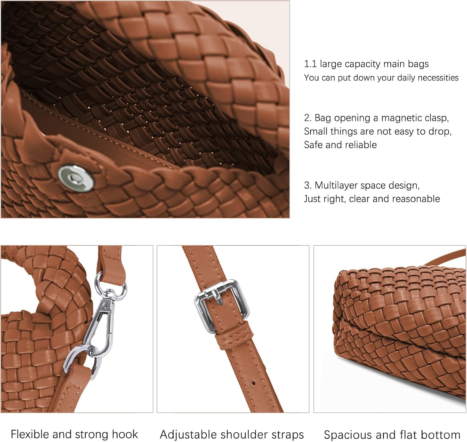 MMYGU Women Woven Tote Small Crossbody Bag, Weave Quilted Purse Square Shoulder Bag Woven Handbag with Detachable Strap
