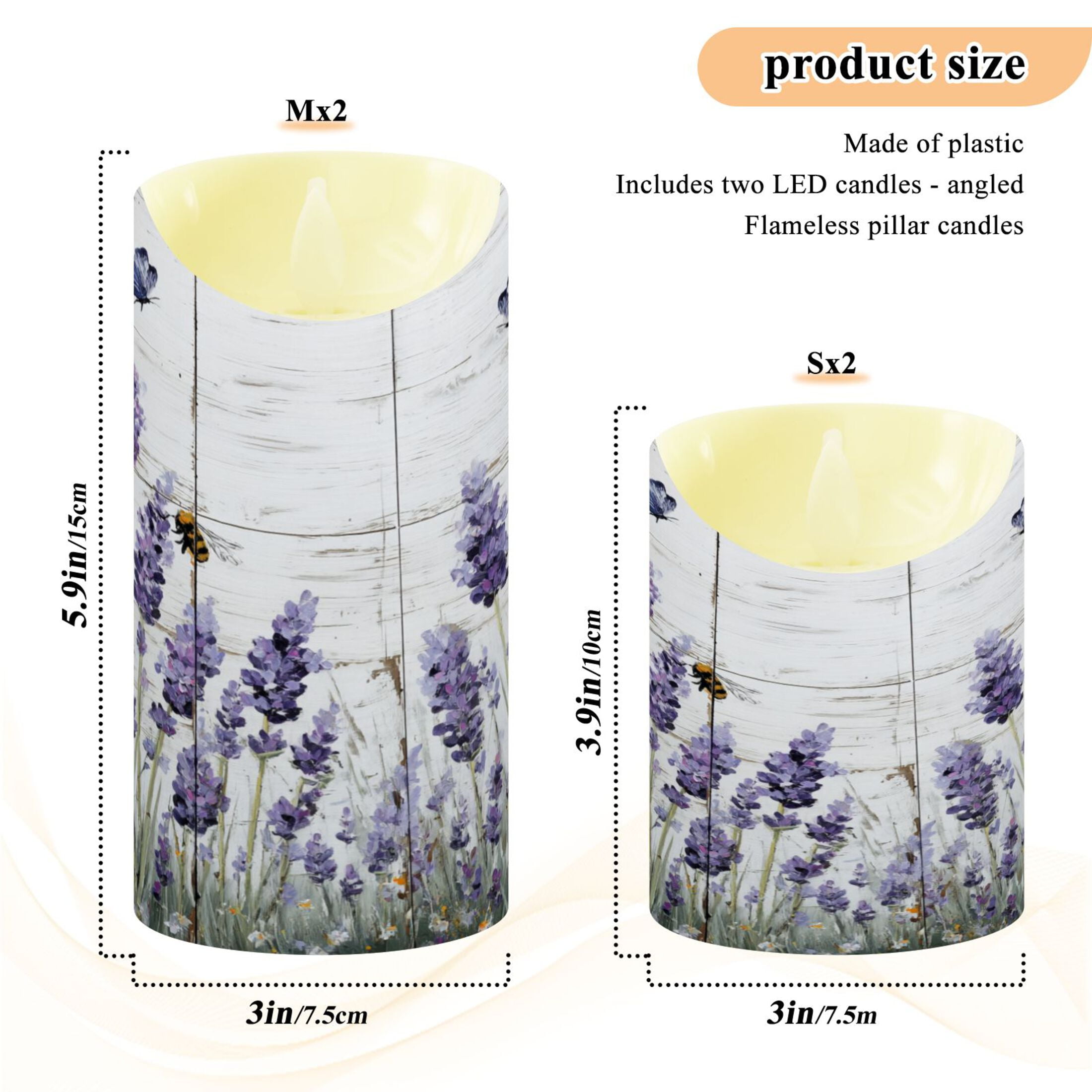 2 PCS Tilted Flameless Candles Flickering LED Lights Battery Operated Candles with Remote Timers for Holiday Decor Lavender and Bees