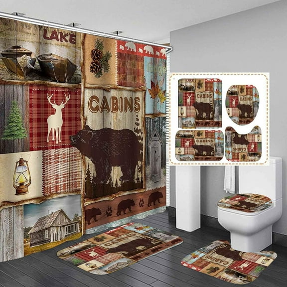 4PCS Deer Shower Curtain Set, Moose Elk Bear Pine Tree Woodland Animal Wildlife Hunting Lodge Cabin Country Rustic Farmhouse Bathroom Decor, Waterproof Fabric Shower Curtain, Non-slip Bath Mat