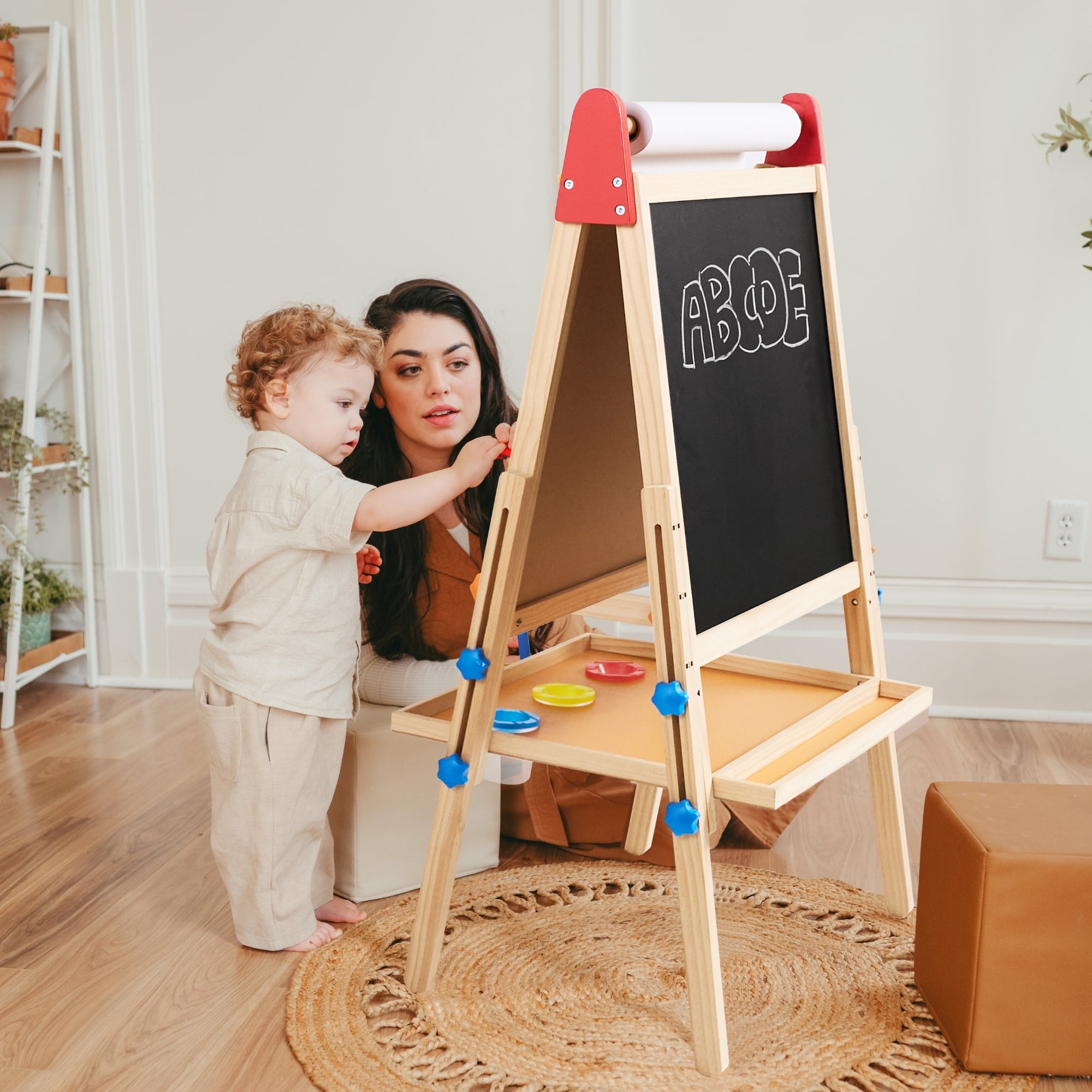 Tiny Land Kids Art Easel with Paper Rolls, Chalkboard & Magnetic Whiteboard for Ages 3-8