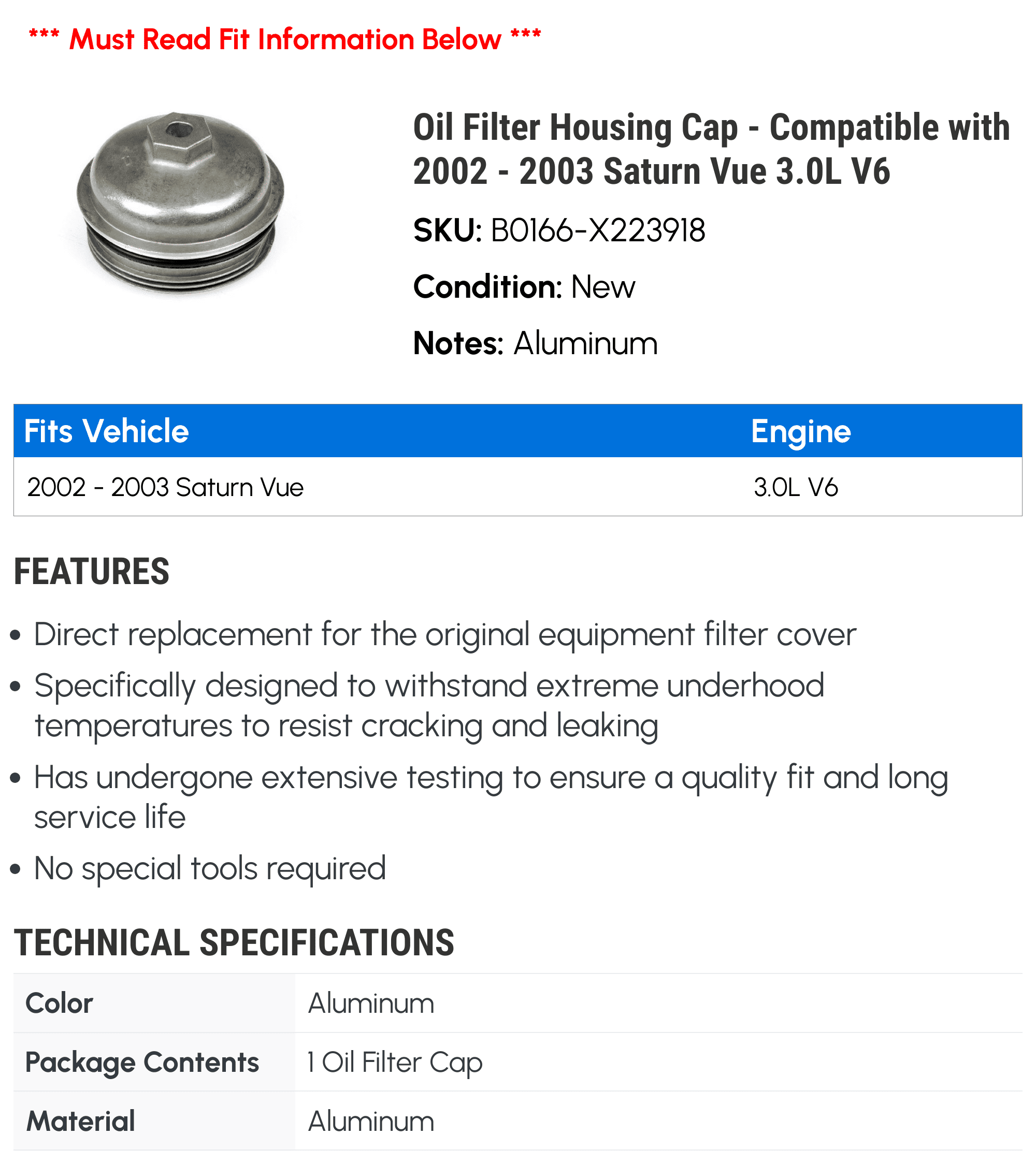 Oil Filter Housing Cap - Compatible with 2002 - 2003 Saturn Vue 3.0L V6