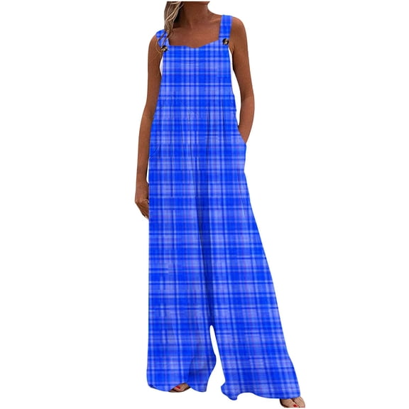 Summer Plus Size Jumpsuits for Women Tummy Control Fashion Printed Jumpsuit Casual Button Pocket Sleeveless Wide Leg Trousers
