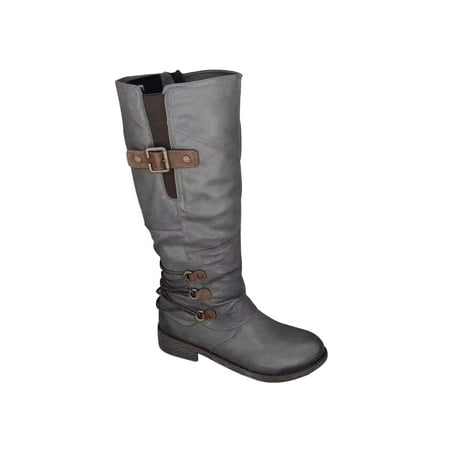 

SIMANLAN Womens Knee High Boots Chunky Low Flat Heel Side-Zip Leather Riding Footwear
