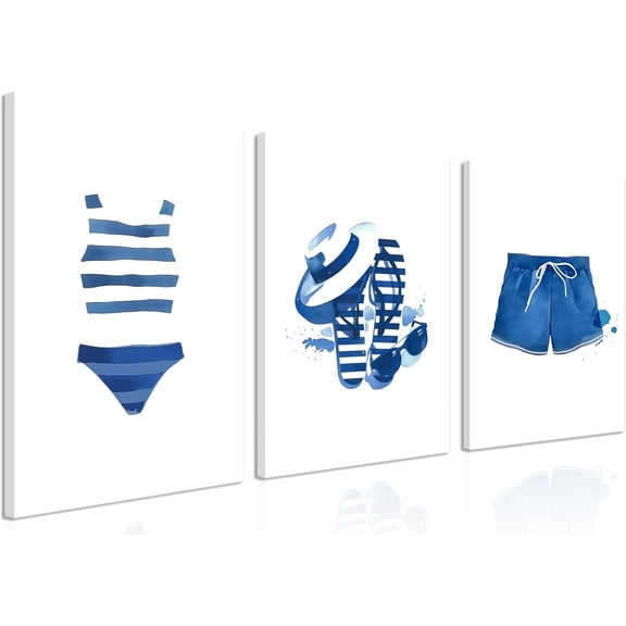 Vintage Canvas Wall Art, Navy Blue and White Swimsuit Beach Wall Decor Painting, Coastal Pictures Aesthetic Posters Prints for Bathroom, Bedroom Home Decor(Only canvas)