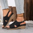 thumbnail image 2 of Platform Wedges Heels for Women Comfy Orthopedic Sandals Open Toe Splice Leather Back Strap Walking Shoes Black Size 6, 2 of 7