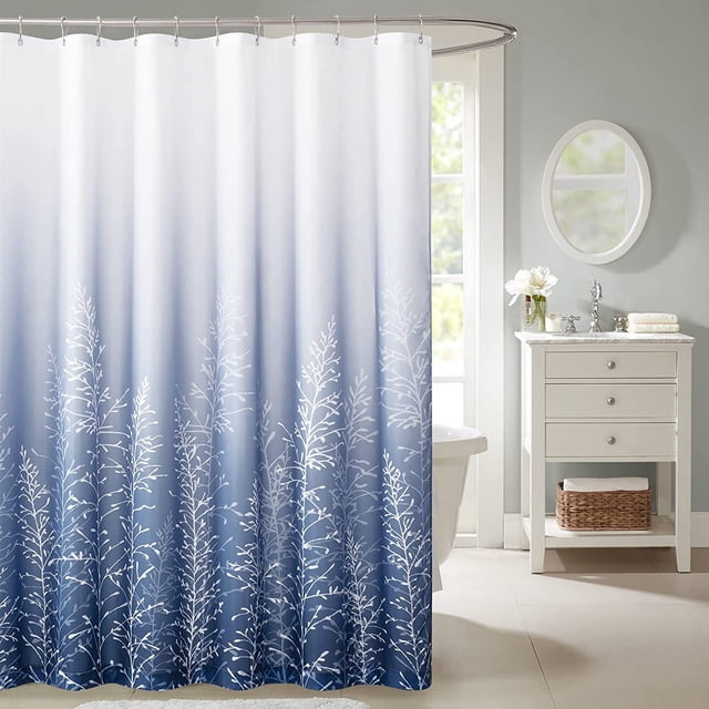 Shower Curtains for Bathroom -Spa Outdoor Shower Omber Blue Gradient Farmhouse Tree Pattern, 72 x 72 inches, Hooks Included, 1 Panel, Polyester