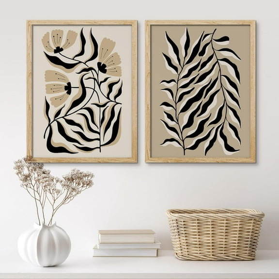 PixonSign Framed Wall Art Abstract Botanical Line Floral and Foliage Posters, Set of 2 Wildflowers Modern Art Boho Illustrations Wall Decor, Adhesive Canvas Prints for Home Decor - 11"x14" Natural