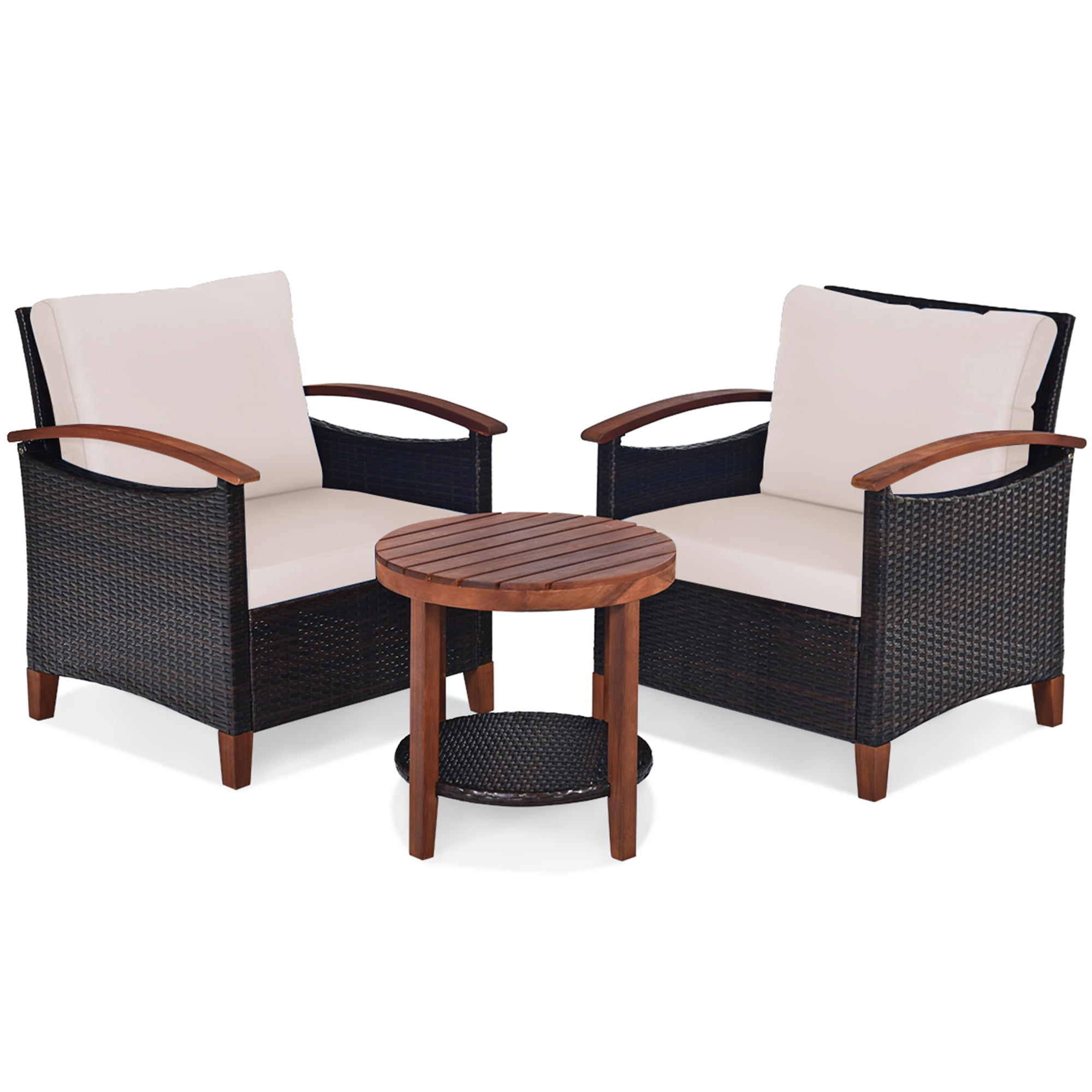 Gymax 3PCS Patio Wicker Rattan Conversation Set Outdoor Furniture Set w/ Beige Cushion