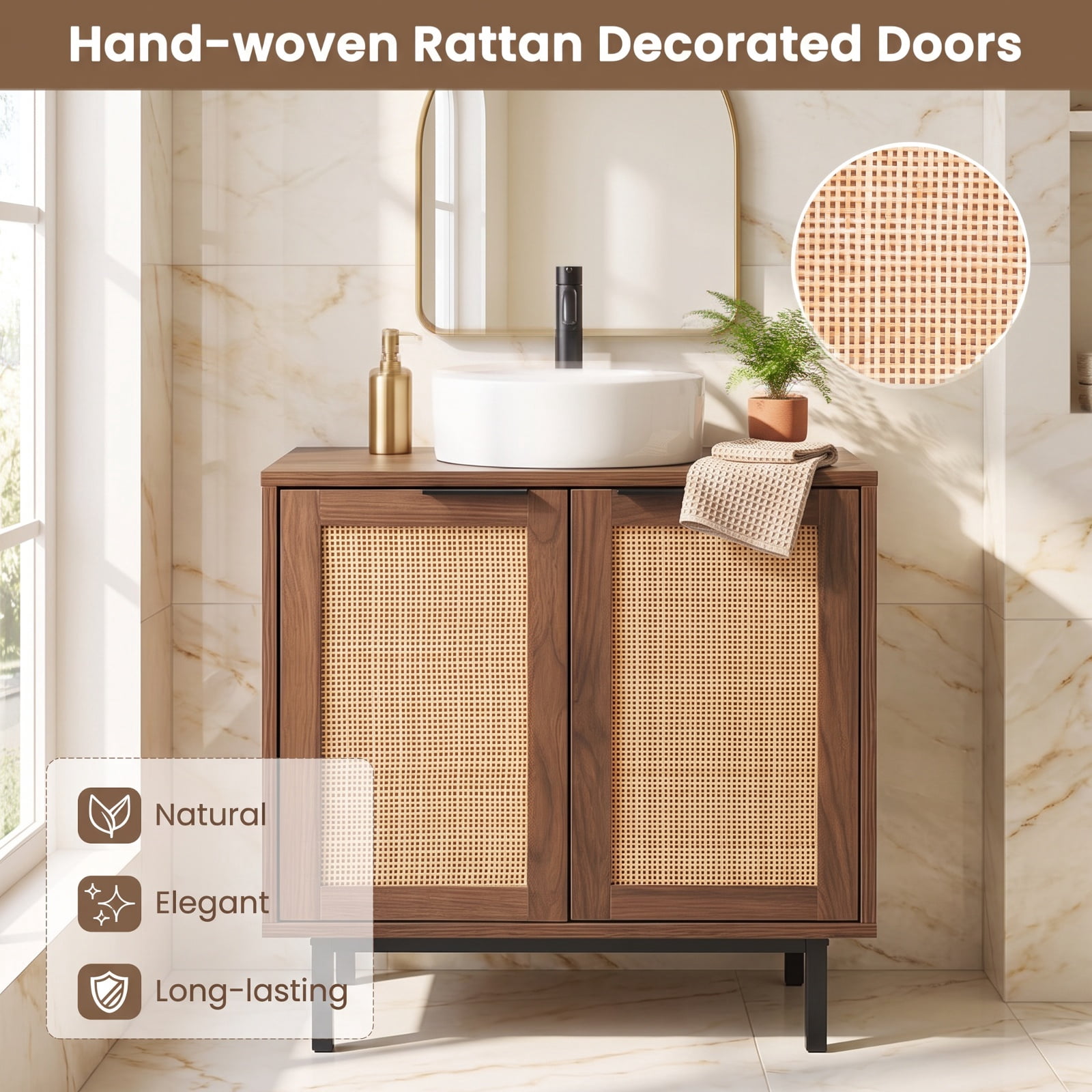 Vebreda Freestanding Bathroom Storage Cabinet, Bathroom Vanity Cabinet with U-Shaped Cut-Out 2 Rattan Doors and Shelf, Hidden Sink Organizer