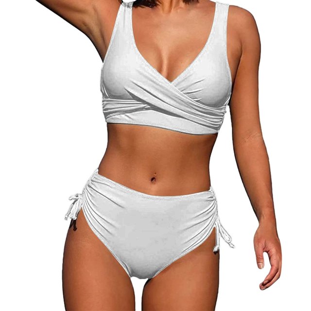 Pisexur High Waisted Swimsuits for Women Two Piece Monokini Swinsuit Halter V Neck Backless Bikini Sets Ruched Full Coverage Bottoms Bathing Suit