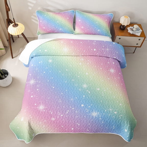 Homewish Ombre Blings Print Twin Quilt Set for Girls, Cute Rainbow Twin Coverlet Set, 2 Pieces 1 Bedspread and 1 Pillowcase