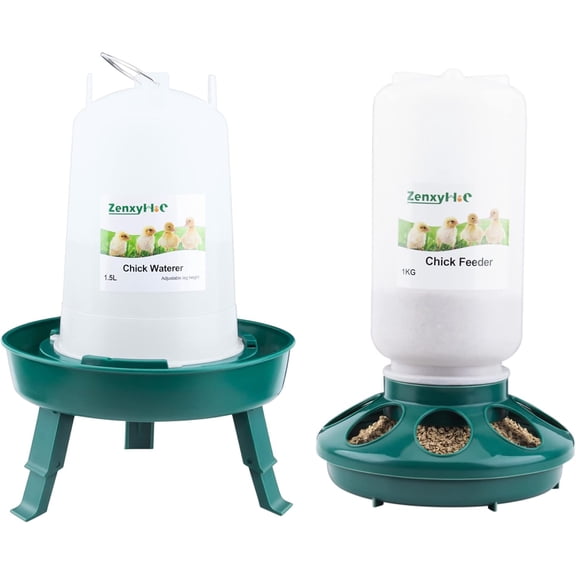Chick Feeder and Waterer Set, 0.3 Gal Feeder and 0.4 Gal Waterer with 3 Adjustable Heights