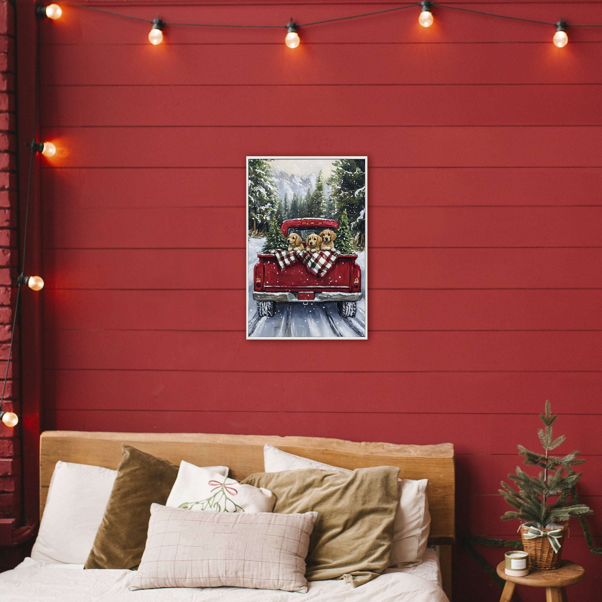 Golden Pups Christmas Truck White Framed Giclee Art, design by Petal Prints Design
