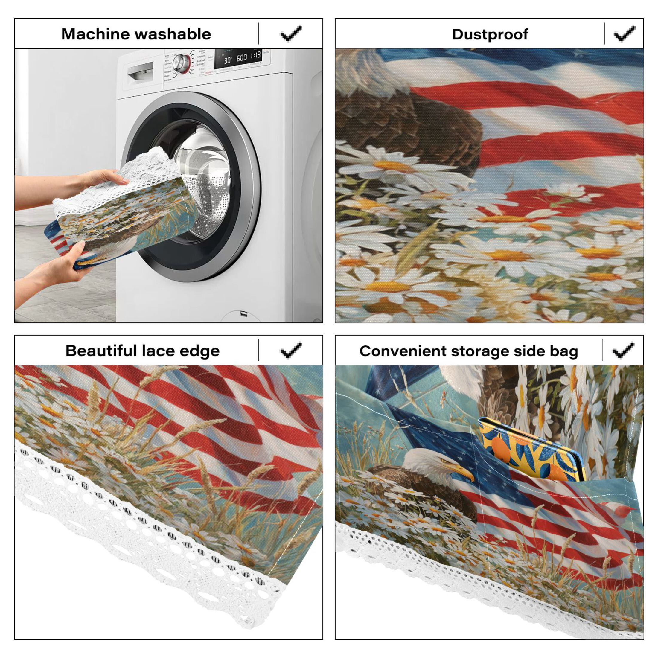 Wobogo American Eagle Daisy Washing Machine Cover Dustproof Washer Dryer Cover Waterproof Laundry Room Decorative Protector