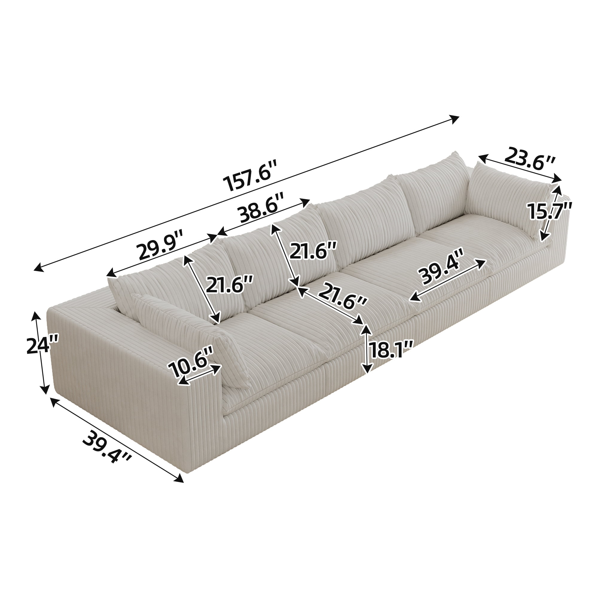 MAYEERTY 157.6" Cloud Sofa White Corduroy Deep Seat Double-Layer Removable Cushion No Assembly Multi-Rooms