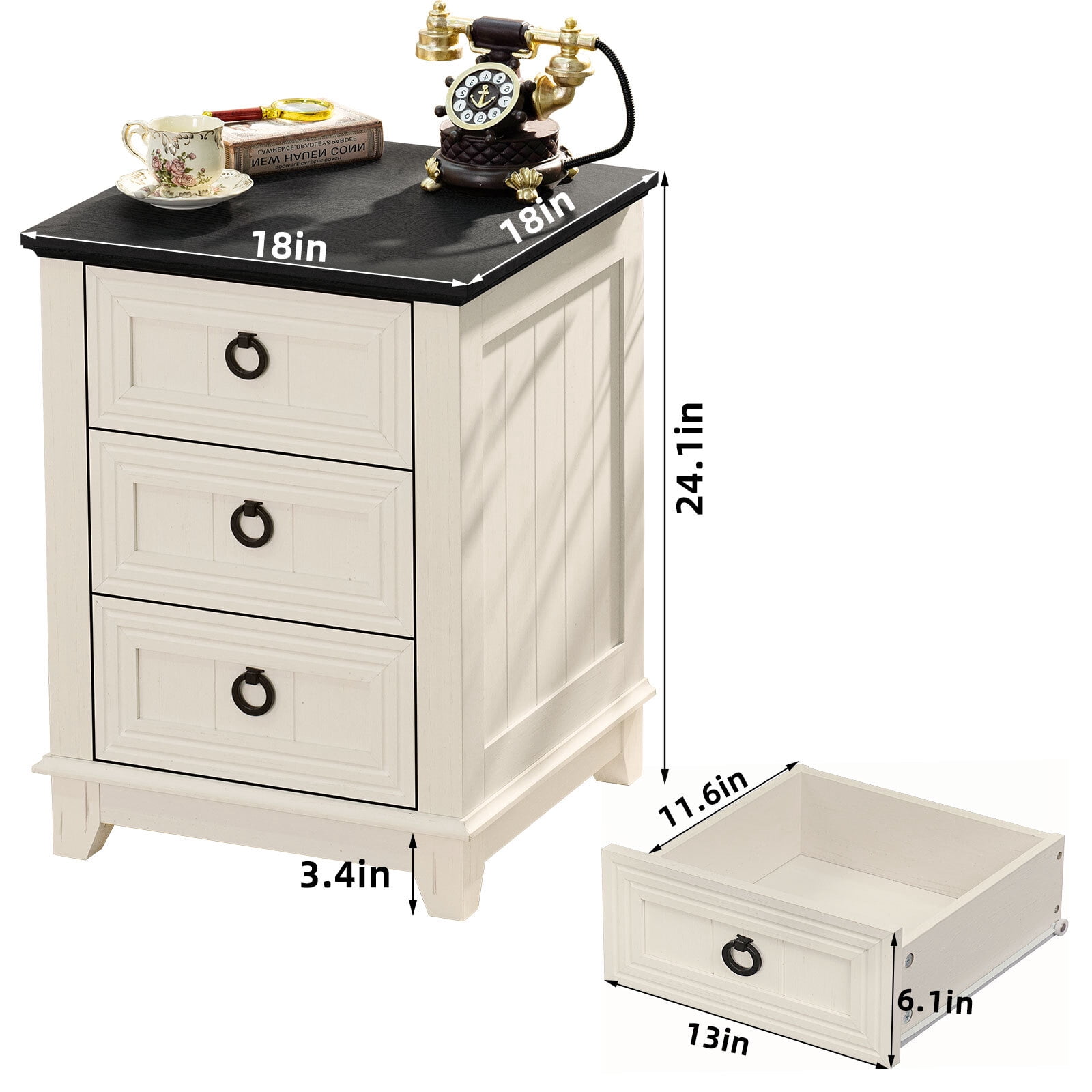 Joaxswe Farmhouse Nightstand with 3 Drawers, Modern 18" Wide End Table Night Stands Mid Century Small Wooden Bedside Table, White