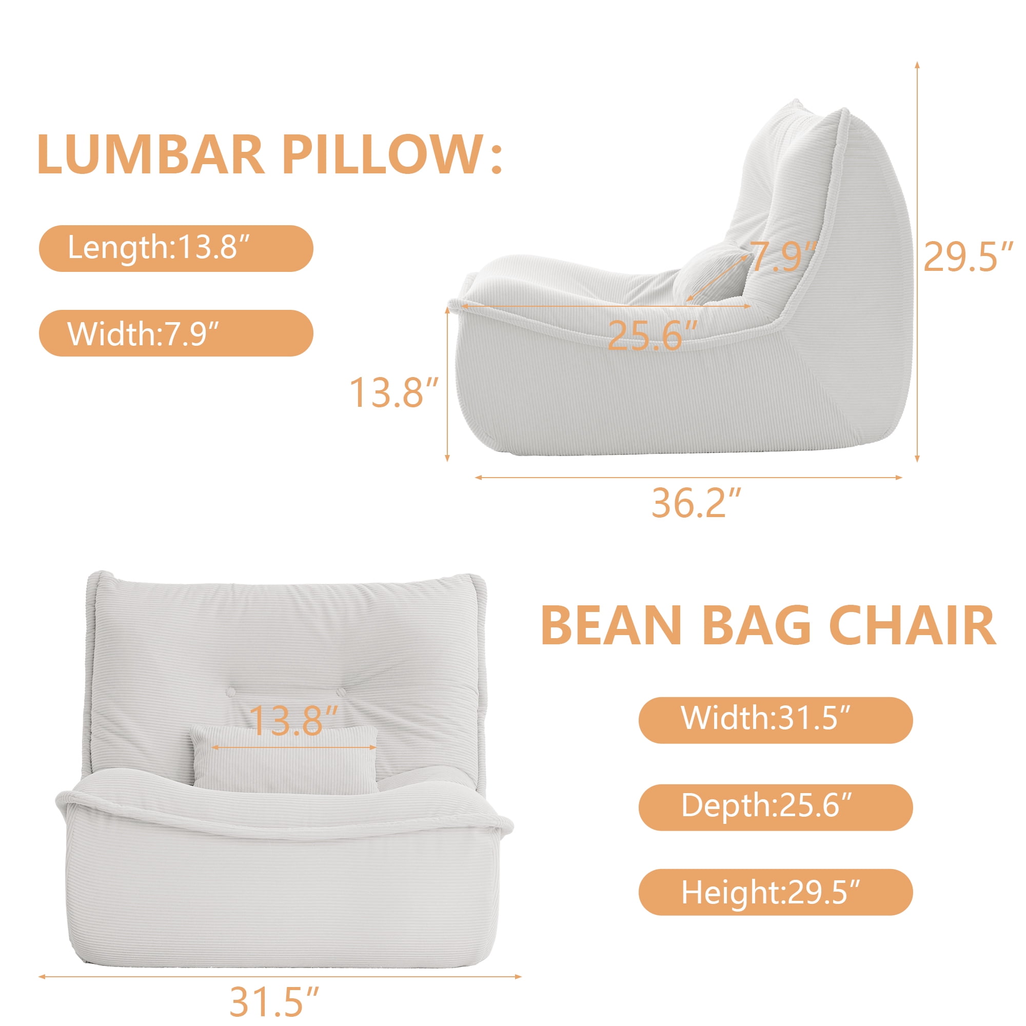 NBLDGT Bean Bag Chair for Adults, Single Lounge Chair with Lumbar Pillow, Comfy Floor Sofa with High-Resilience Foam, Lazy Accent Chair for Living Room, Bedroom, Apartment, Or Reading Corner, White