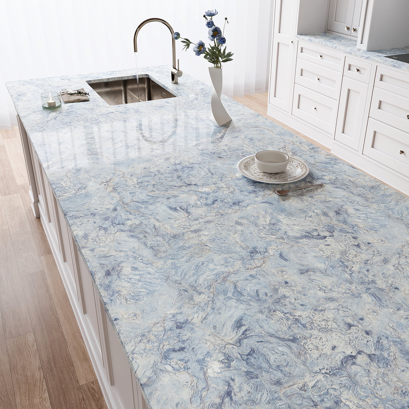 VEELIKE Glossy Cream Blue Marble Countertop Contact Paper Waterproof Kitchen Countertop Peel and Stick Granite Contact Paper for Countertops 15.7''x354'' Removable Marble Wallpaper for Walls Cabinets