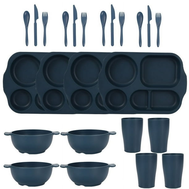Nvzi 24Pcs Wheat Straw Dinnerware Cutlery Sets, Divided Plates Unbreakable Bowl Microwave Dishwasher Safe Tableware Cutlery -Dark Blue