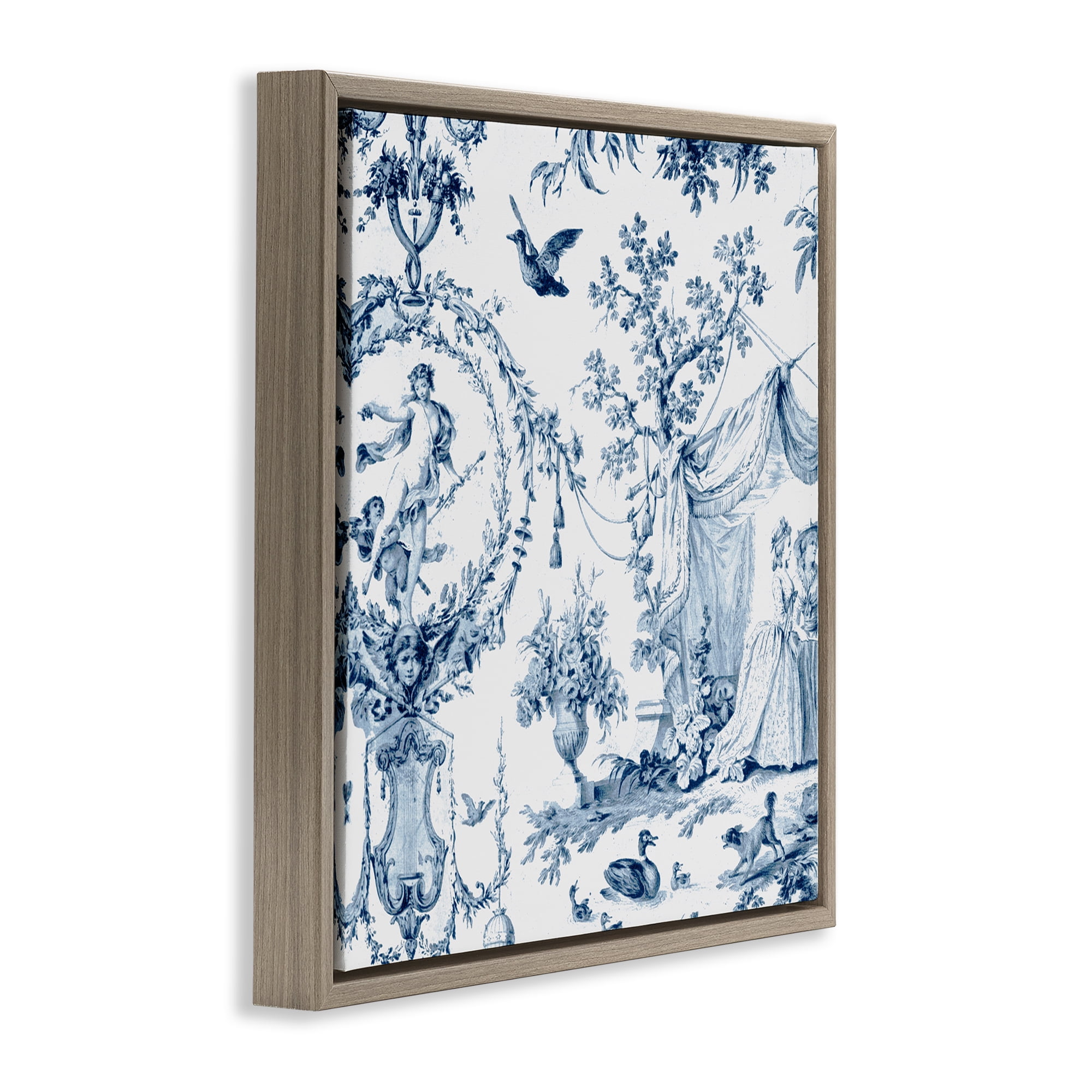 Classic Toile Scene Brown Framed Floater Canvas Wall Art, design by Vintage Hustle