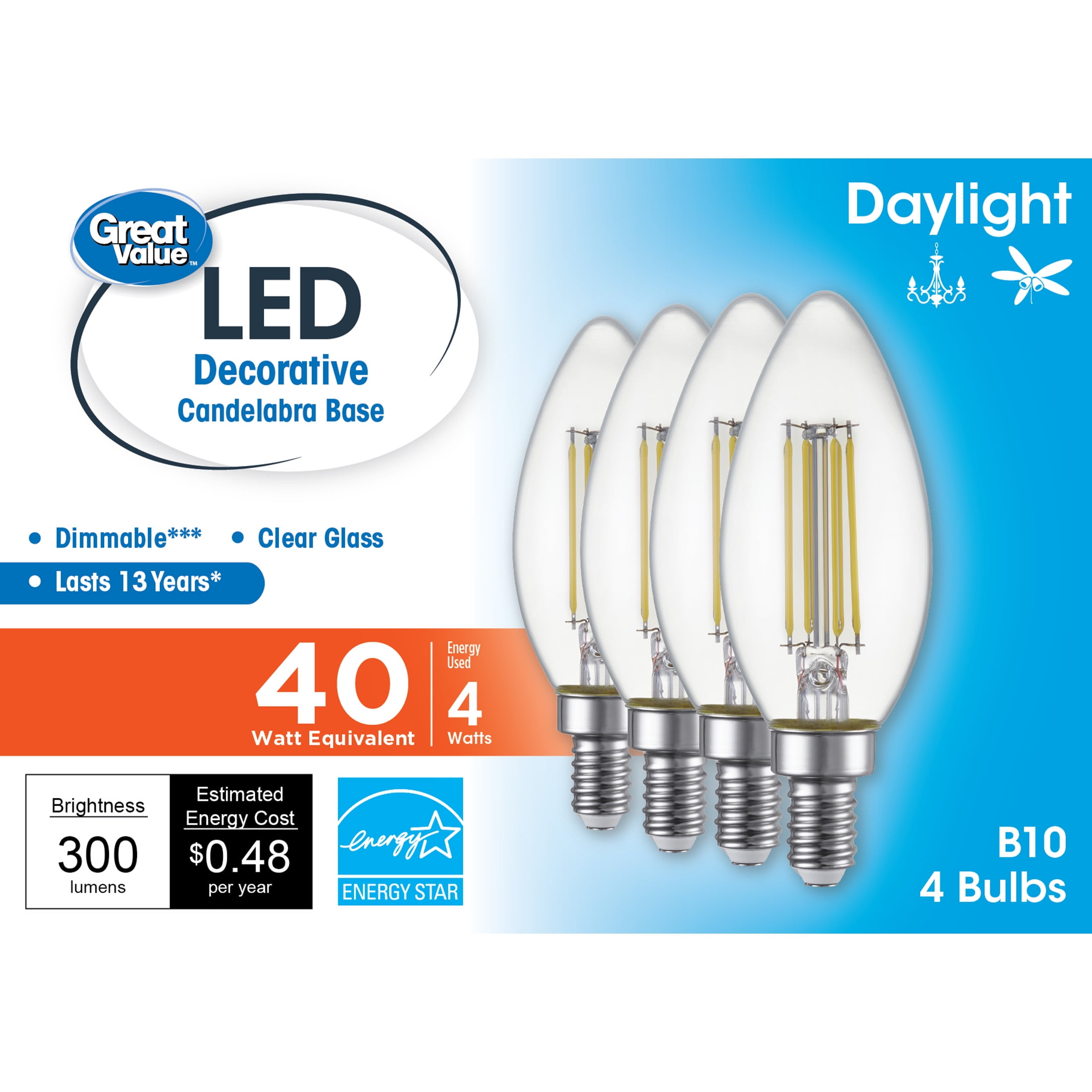 Great Value LED Light Bulb, 4 Watts (40W Equivalent) B10 Deco Lamp E12 Candelabra Base, Dimmable, Daylight, 4-Pack