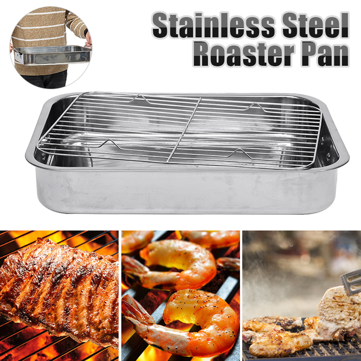 16.5X12.5 Stainless Steel Deep Roasting Lasagna Pan Roaster W/ Rack #@U 