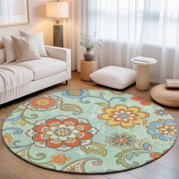 Round Area Rugs 3.3Ft, Teal Green Boho Floral Non-Slip Washable Circle Rugs Carpet, Vintage Farmhouse Ethnic Flowers Indoor Outdoor Rug Floor Mats Throw Runner for Bedroom Living Room Bathroom