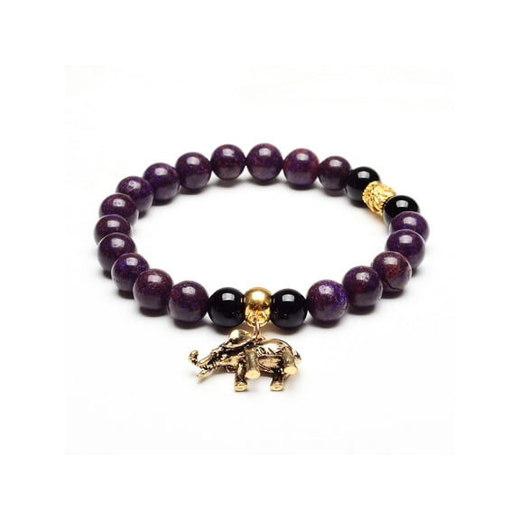 ELYA Jewelry Women's Elephant Charm Agate Stone Bead Stretch Bracelet (8mm Wide)
