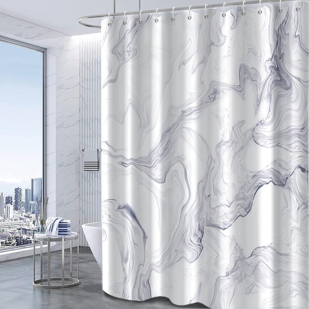 Grey and White Shower Curtain, Modern Abstract Liquid Marble Shower Curtain for Bathroom Waterproof Fabric Shower Curtain Set with Hooks, 72x72 Inch