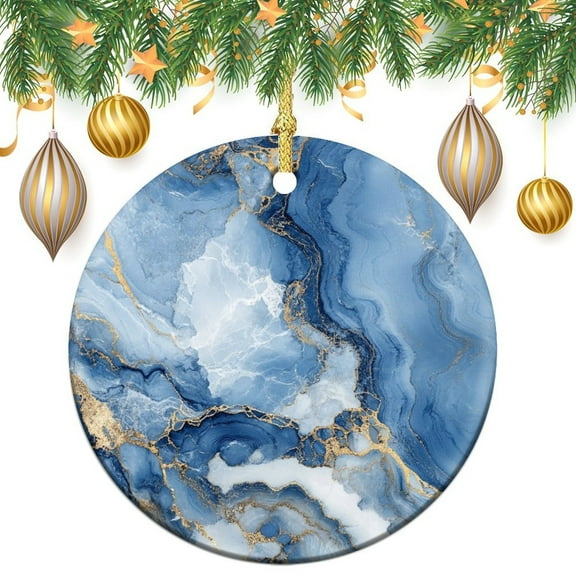 Christmas Ornament Navy Blue And Gold 3" Circle Ceramic Ornament Blue Gold Marble Texture Xmas Trees Decorations Keepsake Gifts for Family Friend
