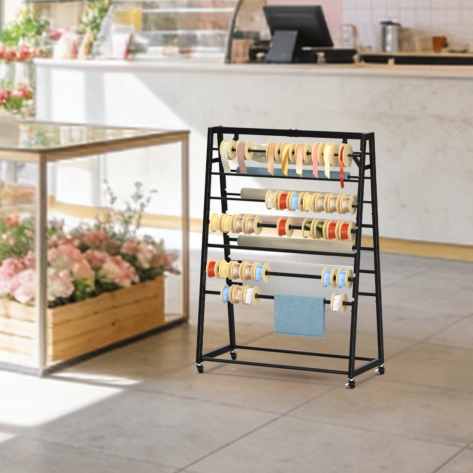 15 Tier Rolling Ribbon Organizer Holder, Double-Sided Metal Spool Rack with Wheels, Gift Wrapping Storage Cart for Craft, Flower, Cake Shop, Fits Ribbons, Wrapping Paper, Scarves, Towels