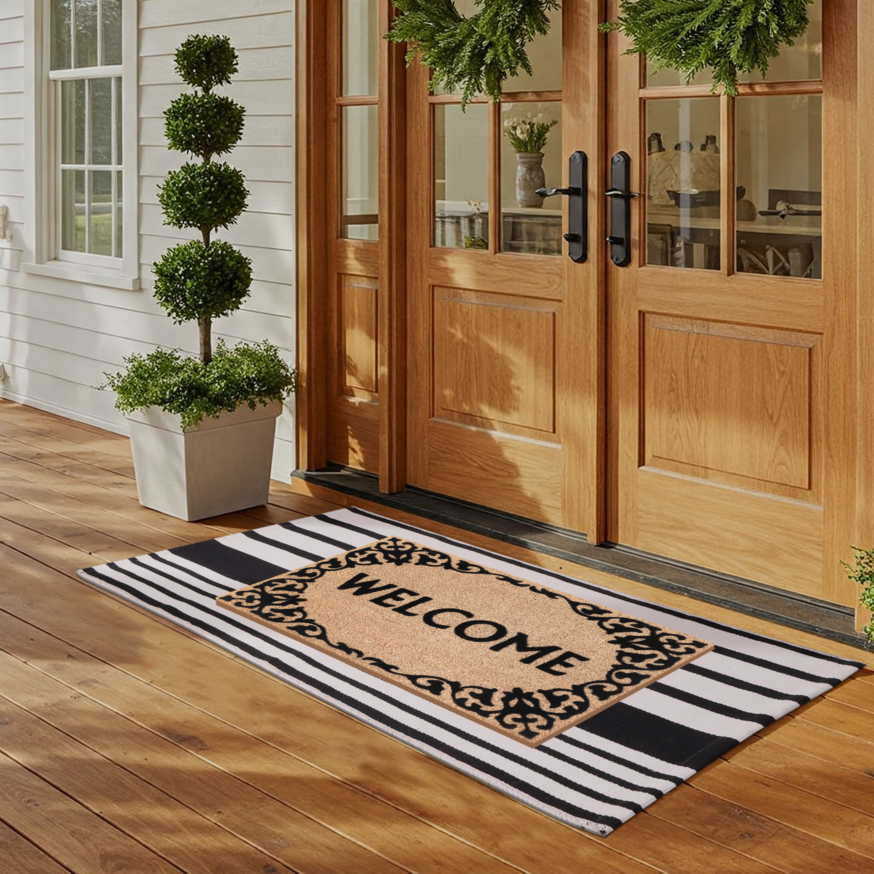 A1HC Coir Welcome Mat and Black & White Striped Cotton Rug Combo Set, 24"x36" & 24"x51", Hand-Woven Washable Entryway Décor