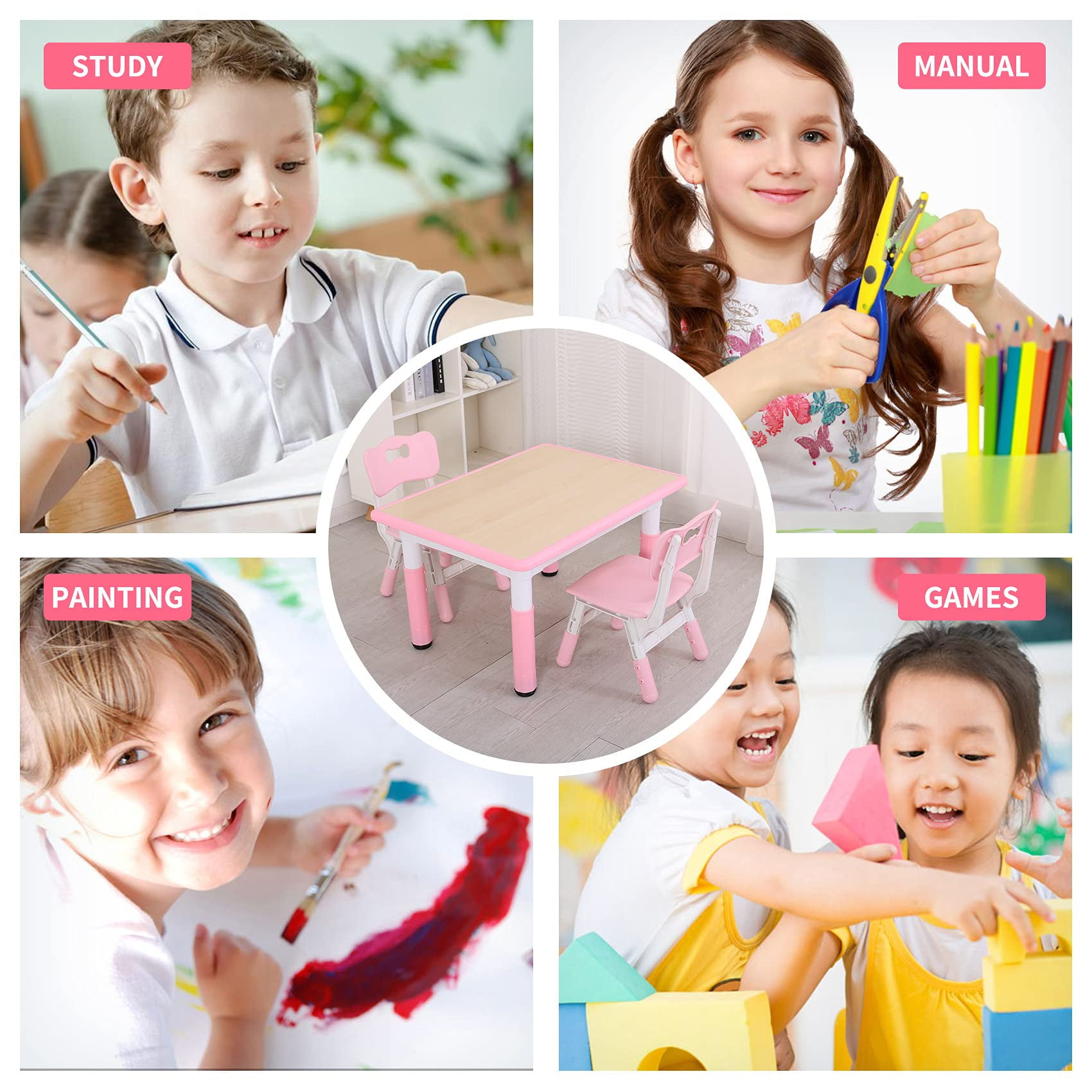 UNICOO® Kids Table and 2 Chairs Set, Height Adjustable Toddler Table and Chair Set, Easy to Wipe Arts & Crafts Table, Suitable for Ages 2-8, Toddler Table and Chairs (BY-60-MP)