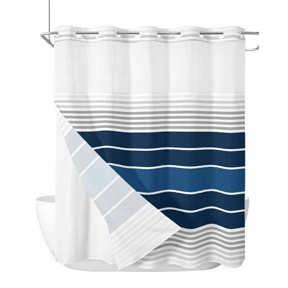 No Hook Cloth Fabric Shower Curtain with Snap in Liner, Lake Blue Stripes Waterproof Shower Curtains Set with See Through Top Window, Modern Minimalist Gradient Lines Bath Curtains Shower 72"x78"