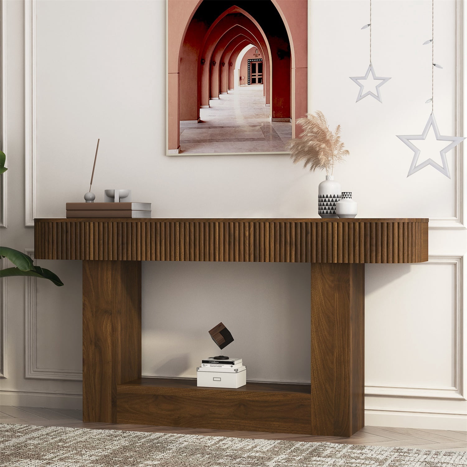 Hommoo 62.9-Inch Farmhouse Wooden Console Table, Narrow Hallway Accent Table for Living Room, Entryway, Foyer & Behind Sofa, MDF Rustic Rectangular Sofa Table, Walnut