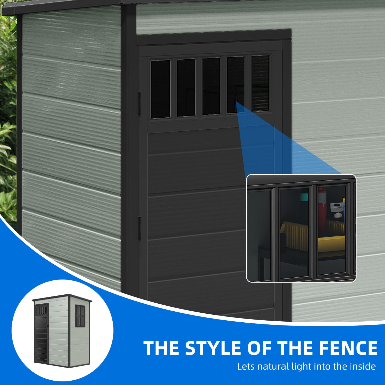 Dextrus 5x3FT Outdoor Storage Shed with Windows, Floor, Lockable Doors, Waterproof Plastic, Blue Gray
