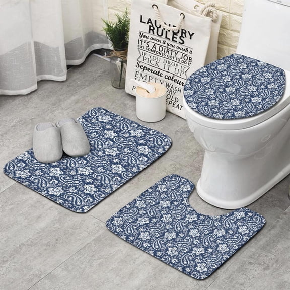 Blue Pioneer Flower and Paisley Pattern Bathroom Rugs Sets 3 Piece,Toilet Cover Set,Absorbent Non Slip Bathroom Mats Sets with U-Shaped Contour Rug Toilet Rug Set