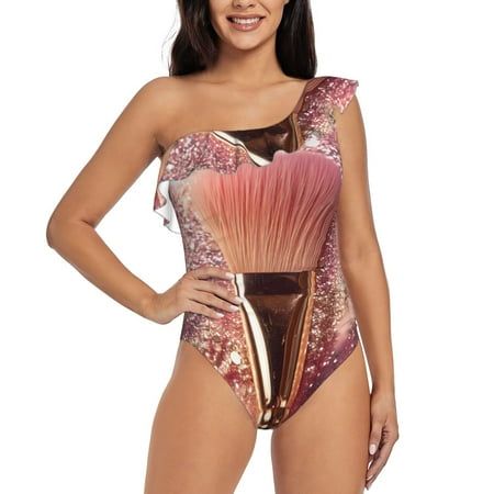 Qokaie Makeup Brush on Pink Glitter Print Women s One Piece Swimsuits Tummy Control Bathing Suits Asymmetric One Shoulder Swimwear-X-Large