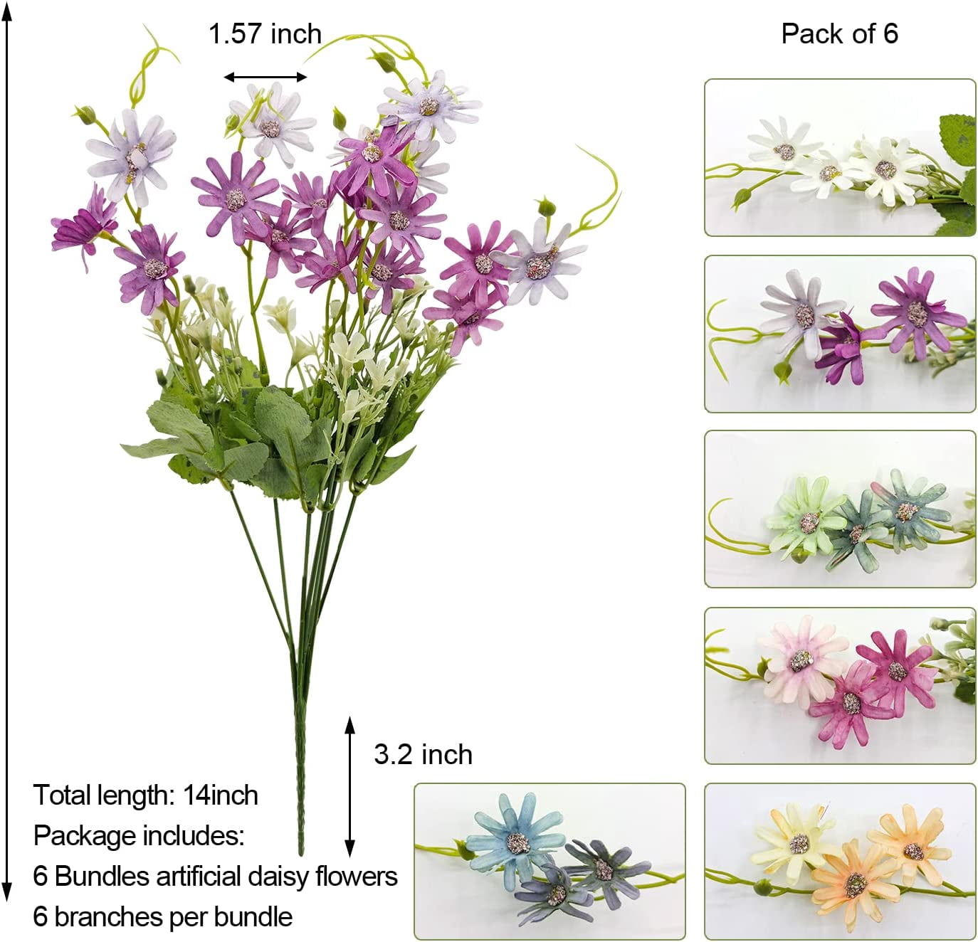 Dalrosia 6PCS Wildflowers Artificial Flowers Outdoor Fake Daisy UV Resistant Silk Wild Flower Bouquets Bulk Faux Plants Plastic Greenery for Decoration vase Floral Arrangements Home Décor