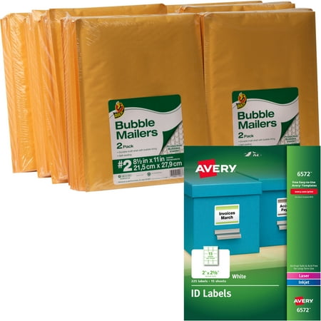 Duck Brand Kraft Bubble Mailers, Manila, 96-Count, 8.5" x 11" and Avery Permanent ID Labels, Laser/Inkjet, 2" x 2-5/8", White, 225-Pack Bundle